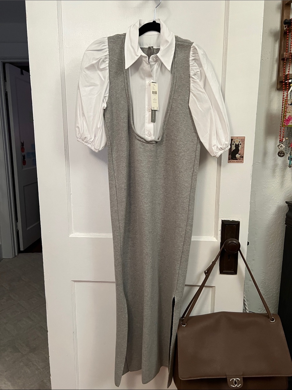 Anthropologie Grey Knit Maxi Dress with White Puff-Sleeve Blouse